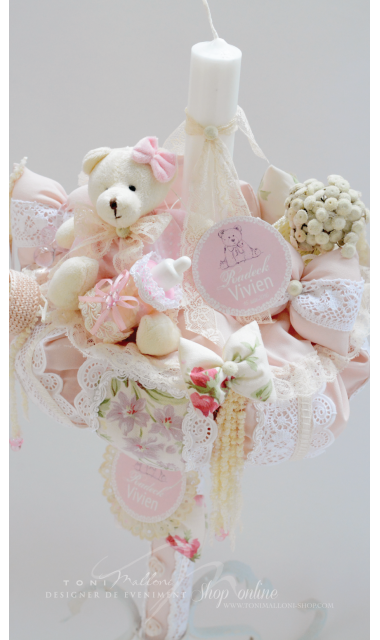 Lumanare de botez pentru fetite cu ursulet de plus, 65x4cm, Pink Bear 3